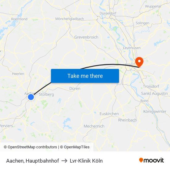 Aachen, Hauptbahnhof to Lvr-Klinik Köln map