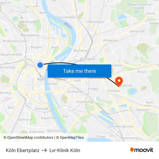 Köln Ebertplatz to Lvr-Klinik Köln map