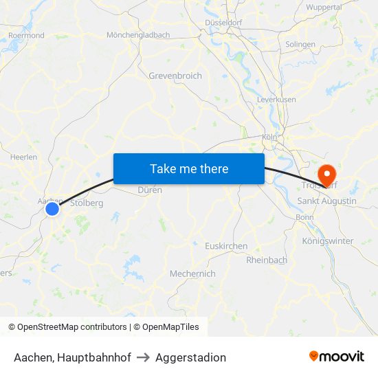 Aachen, Hauptbahnhof to Aggerstadion map