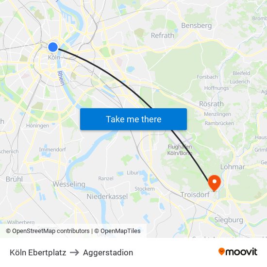 Köln Ebertplatz to Aggerstadion map