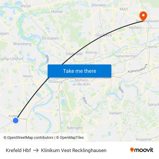 Krefeld Hbf to Klinikum Vest Recklinghausen map