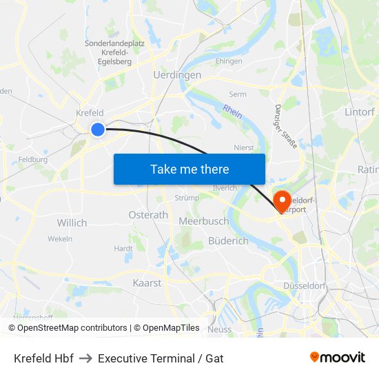 Krefeld Hbf to Executive Terminal / Gat map