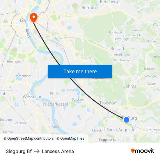 Siegburg Bf to Lanxess Arena map