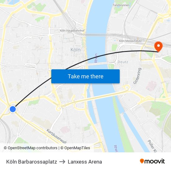 Köln Barbarossaplatz to Lanxess Arena map