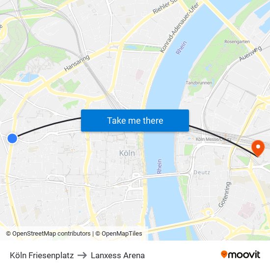 Köln Friesenplatz to Lanxess Arena map