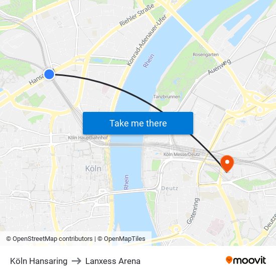 Köln Hansaring to Lanxess Arena map