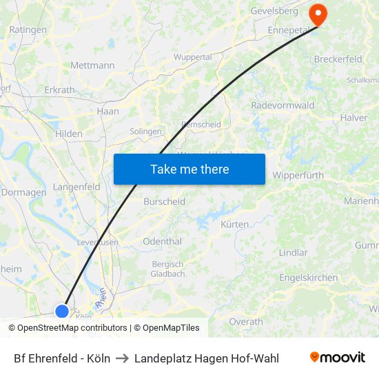 Bf Ehrenfeld - Köln to Landeplatz Hagen Hof-Wahl map