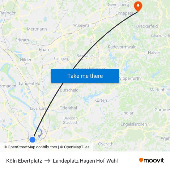 Köln Ebertplatz to Landeplatz Hagen Hof-Wahl map