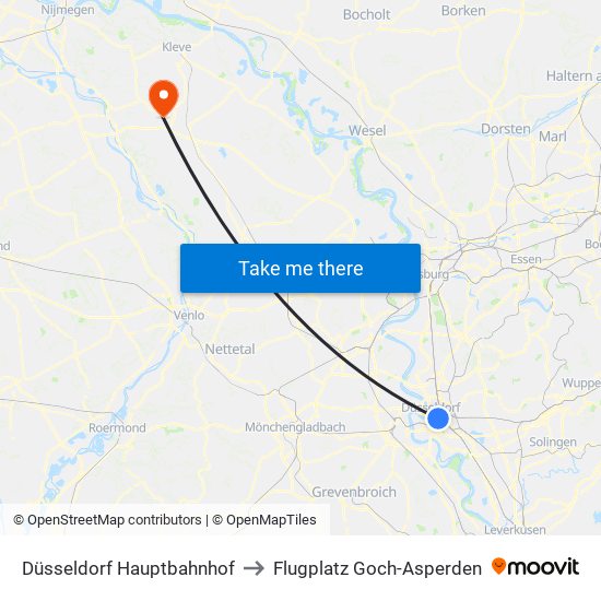 Düsseldorf Hauptbahnhof to Flugplatz Goch-Asperden map