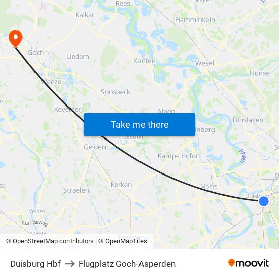 Duisburg Hbf to Flugplatz Goch-Asperden map