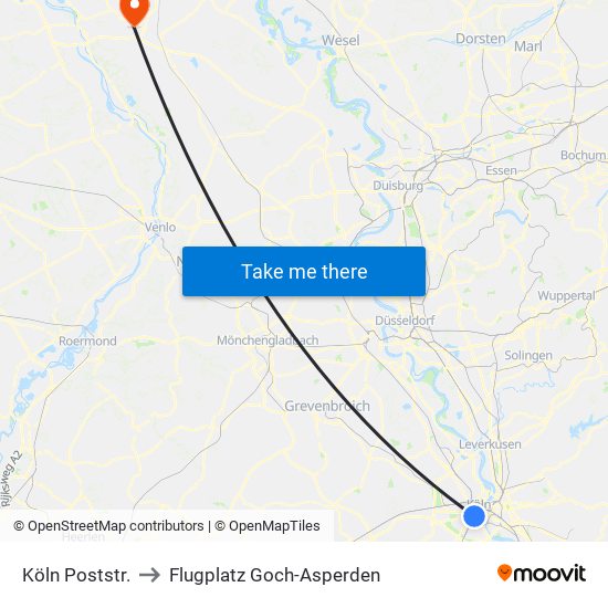 Köln Poststr. to Flugplatz Goch-Asperden map