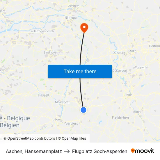 Aachen, Hansemannplatz to Flugplatz Goch-Asperden map