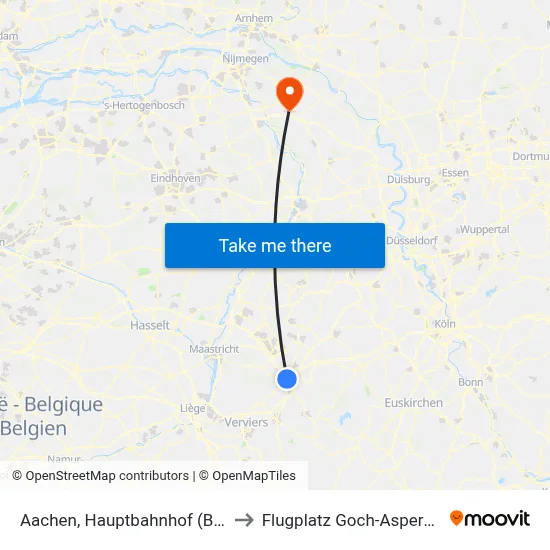 Aachen, Hauptbahnhof (Bus) to Flugplatz Goch-Asperden map