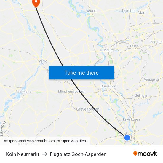 Köln Neumarkt to Flugplatz Goch-Asperden map