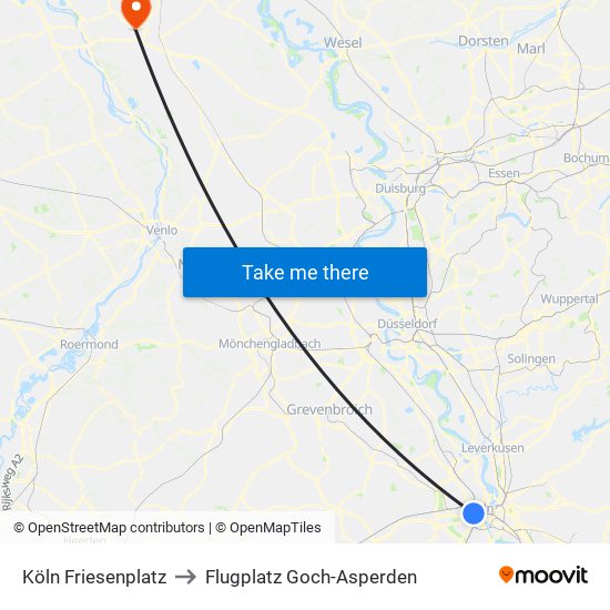 Köln Friesenplatz to Flugplatz Goch-Asperden map