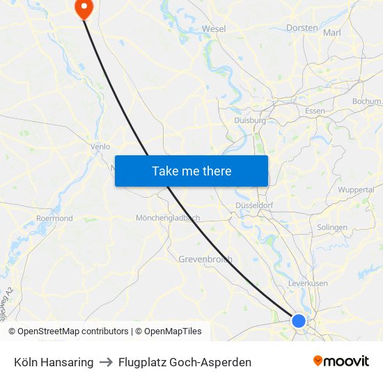 Köln Hansaring to Flugplatz Goch-Asperden map