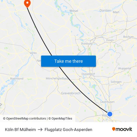 Köln Bf Mülheim to Flugplatz Goch-Asperden map