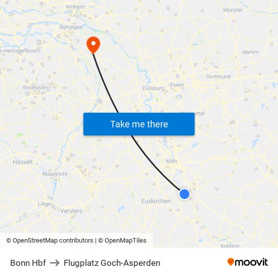 Bonn Hbf to Flugplatz Goch-Asperden map