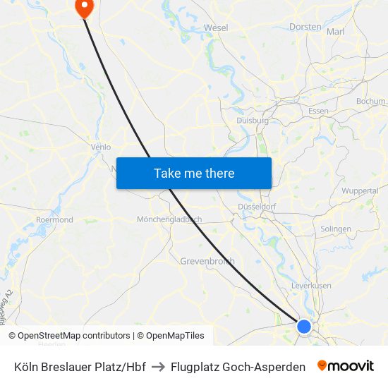 Köln Breslauer Platz/Hbf to Flugplatz Goch-Asperden map