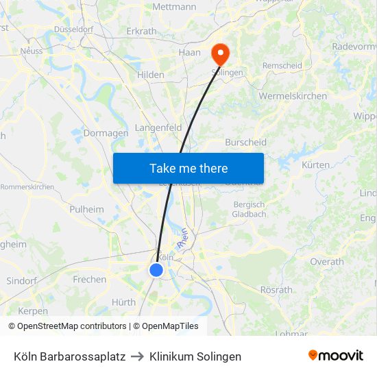 Köln Barbarossaplatz to Klinikum Solingen map