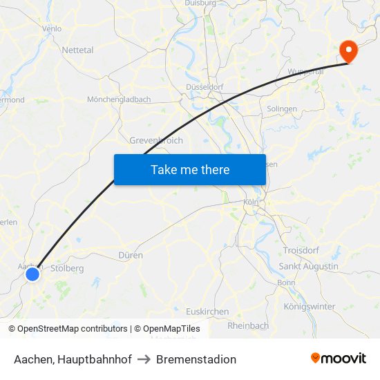 Aachen, Hauptbahnhof to Bremenstadion map