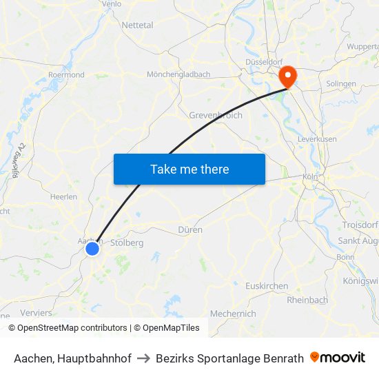 Aachen, Hauptbahnhof to Bezirks Sportanlage Benrath map