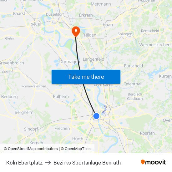 Köln Ebertplatz to Bezirks Sportanlage Benrath map