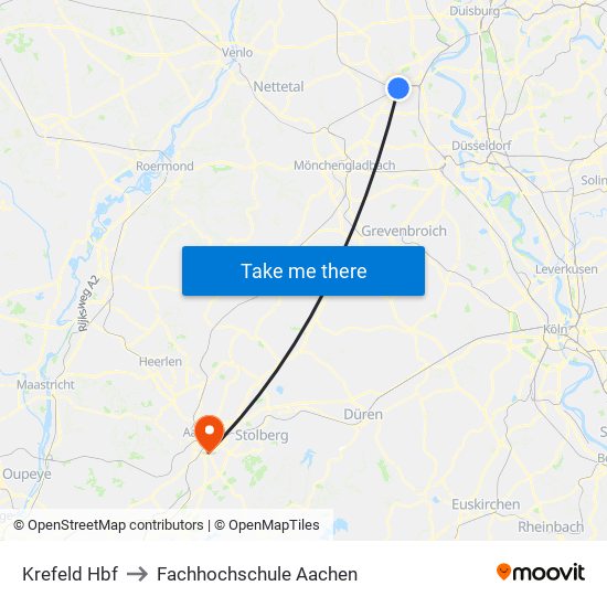 Krefeld Hbf to Fachhochschule Aachen map