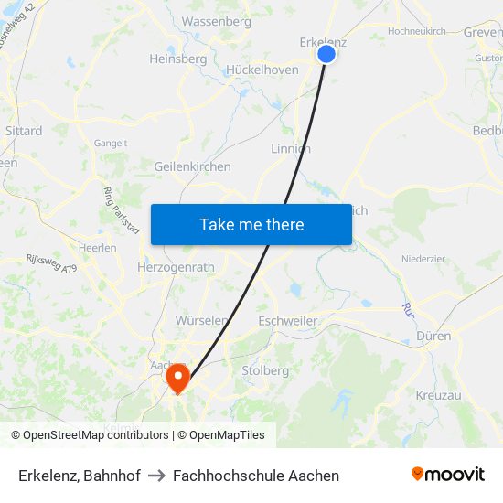 Erkelenz, Bahnhof to Fachhochschule Aachen map