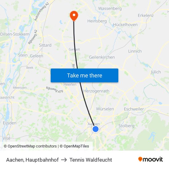 Aachen, Hauptbahnhof to Tennis Waldfeucht map