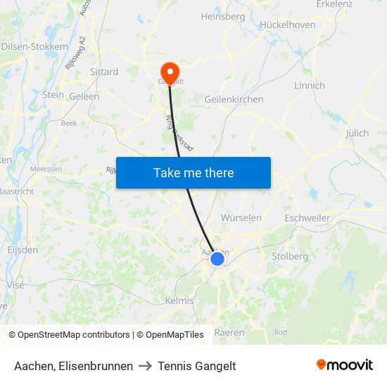 Aachen, Elisenbrunnen to Tennis Gangelt map