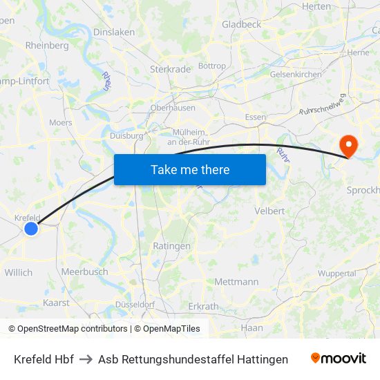 Krefeld Hbf to Asb Rettungshundestaffel Hattingen map
