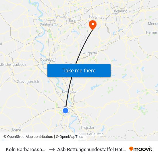 Köln Barbarossaplatz to Asb Rettungshundestaffel Hattingen map