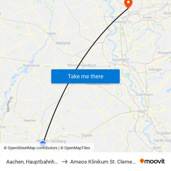 Aachen, Hauptbahnhof to Ameos Klinikum St. Clemens map