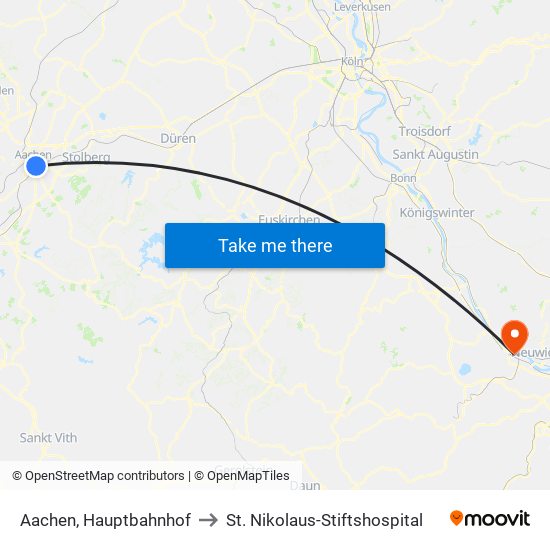 Aachen, Hauptbahnhof to St. Nikolaus-Stiftshospital map