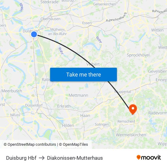 Duisburg Hbf to Diakonissen-Mutterhaus map