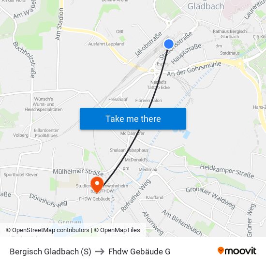 Bergisch Gladbach (S) to Fhdw Gebäude G map