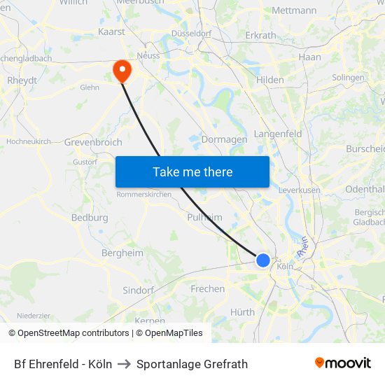 Bf Ehrenfeld - Köln to Sportanlage Grefrath map