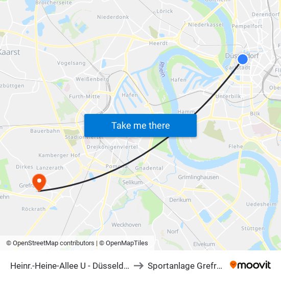 Heinr.-Heine-Allee U - Düsseldorf to Sportanlage Grefrath map