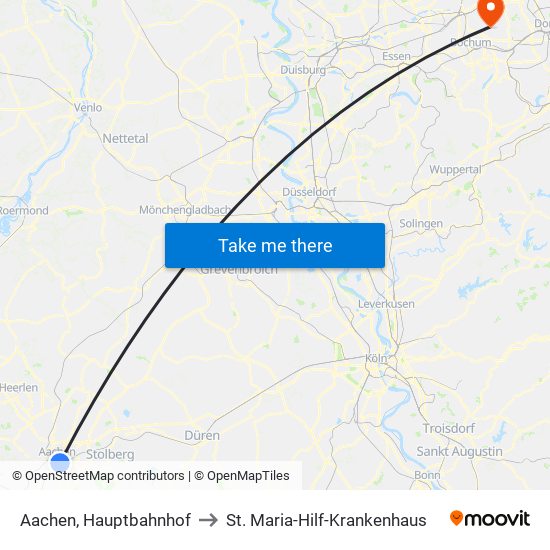 Aachen, Hauptbahnhof to St. Maria-Hilf-Krankenhaus map