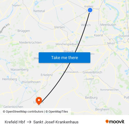 Krefeld Hbf to Sankt Josef-Krankenhaus map