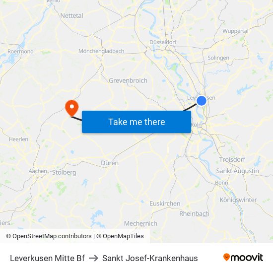 Leverkusen Mitte Bf to Sankt Josef-Krankenhaus map