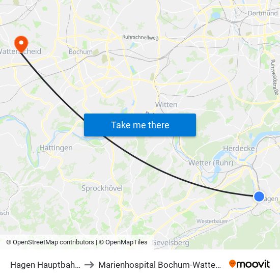 Hagen Hauptbahnhof to Marienhospital Bochum-Wattenscheid map