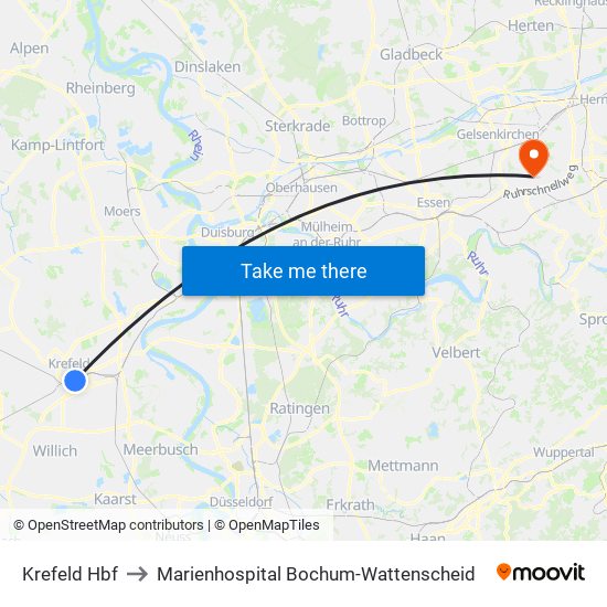 Krefeld Hbf to Marienhospital Bochum-Wattenscheid map