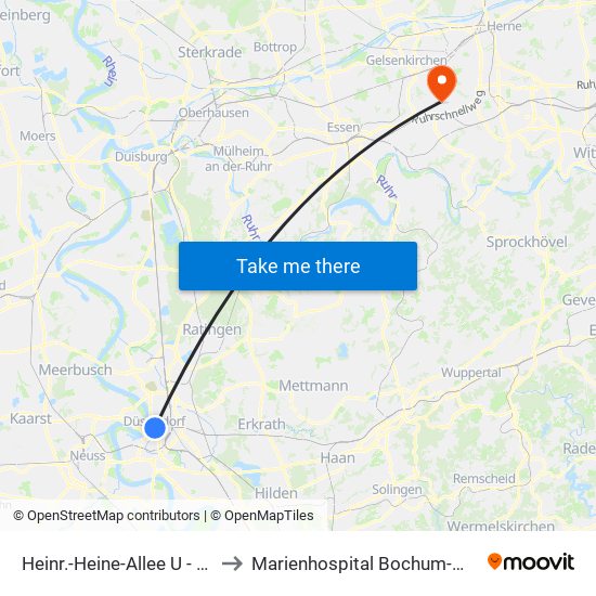 Heinr.-Heine-Allee U - Düsseldorf to Marienhospital Bochum-Wattenscheid map