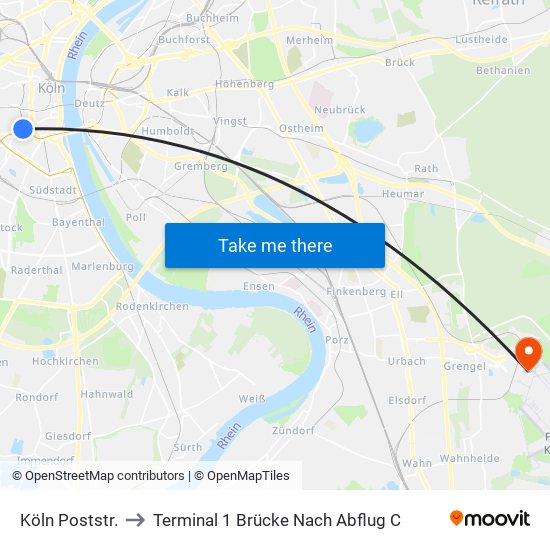 Köln Poststr. to Terminal 1 Brücke Nach Abflug C map