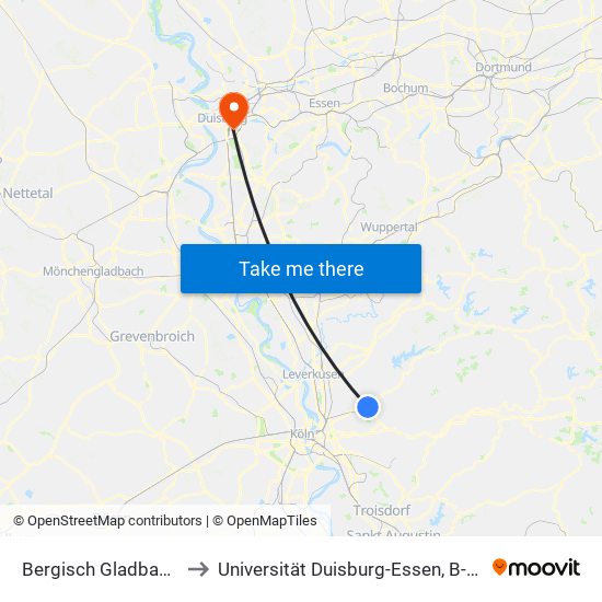 Bergisch Gladbach (S) to Universität Duisburg-Essen, B-Bereich map