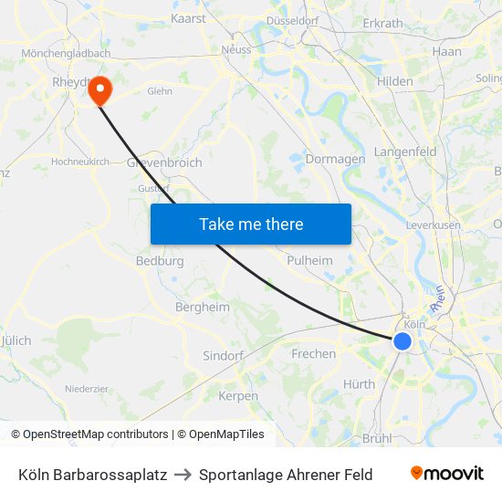 Köln Barbarossaplatz to Sportanlage Ahrener Feld map