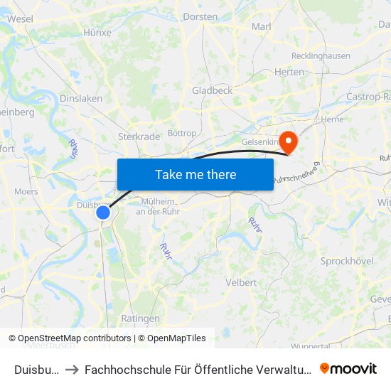 Duisburg Hbf to Fachhochschule Für Öffentliche Verwaltung Nrw, Zentralverwaltung map