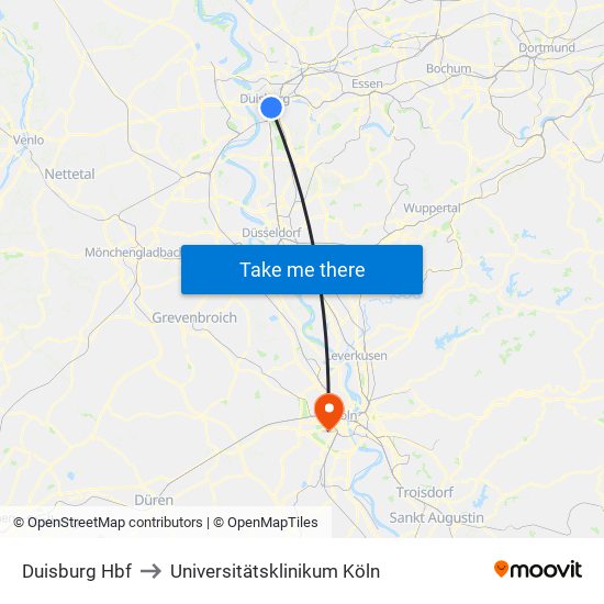 Duisburg Hbf to Universitätsklinikum Köln map